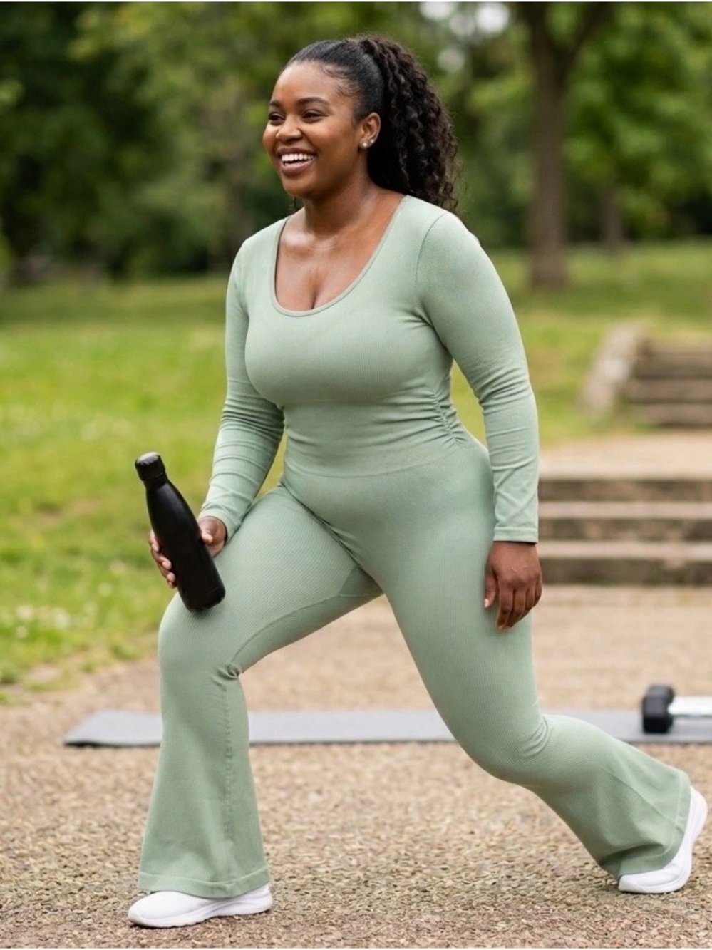 OQQ Sage Green Ribbed Jumpsuit Large L Long Sleeve Pants Yoga Sport Athletic